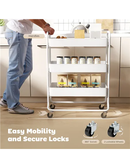 HOMCOM 3-Tier Storage Trolley on Wheels, Rolling Utility Cart with Mesh Backets for Kitchen, Bathroom, Bedroom, White