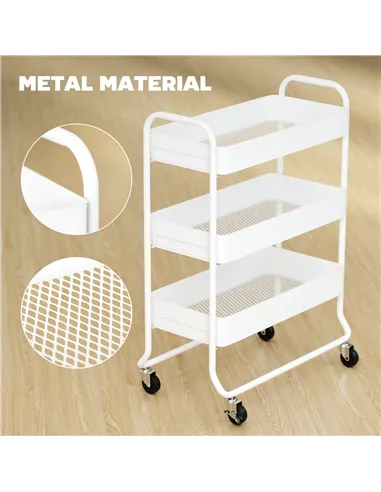HOMCOM 3-Tier Storage Trolley on Wheels, Rolling Utility Cart with Mesh Backets for Kitchen, Bathroom, Bedroom, White