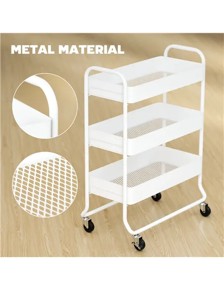 HOMCOM 3-Tier Storage Trolley on Wheels, Rolling Utility Cart with Mesh Backets for Kitchen, Bathroom, Bedroom, White