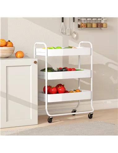 HOMCOM 3-Tier Storage Trolley on Wheels, Rolling Utility Cart with Mesh Backets for Kitchen, Bathroom, Bedroom, White