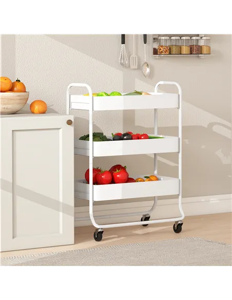 HOMCOM 3-Tier Storage Trolley on Wheels, Rolling Utility Cart with Mesh Backets for Kitchen, Bathroom, Bedroom, White