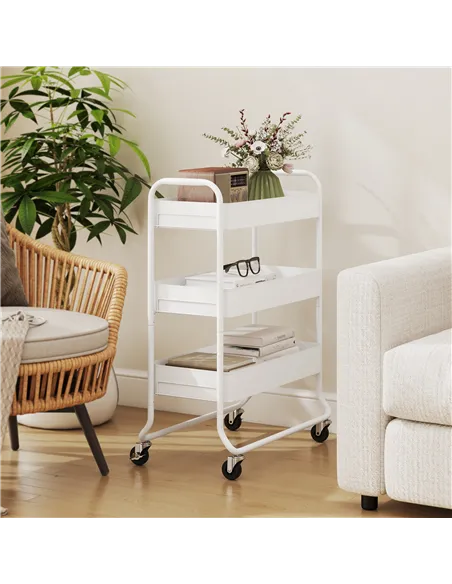 HOMCOM 3-Tier Storage Trolley on Wheels, Rolling Utility Cart with Mesh Backets for Kitchen, Bathroom, Bedroom, White