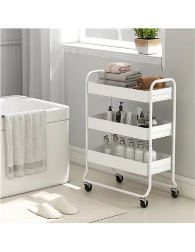 HOMCOM 3-Tier Storage Trolley on Wheels, Rolling Utility Cart with Mesh Backets for Kitchen, Bathroom, Bedroom, White