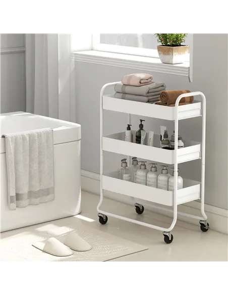 HOMCOM 3-Tier Storage Trolley on Wheels, Rolling Utility Cart with Mesh Backets for Kitchen, Bathroom, Bedroom, White