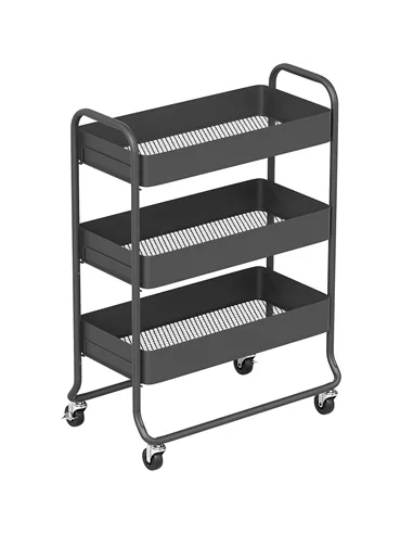 HOMCOM 3-Tier Storage Trolley on Wheels, Rolling Utility Cart with Mesh Backets for Kitchen, Bathroom, Bedroom, Black