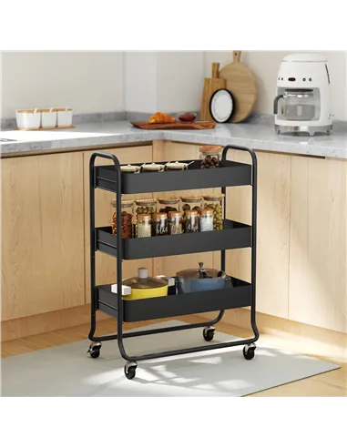 HOMCOM 3-Tier Storage Trolley on Wheels, Rolling Utility Cart with Mesh Backets for Kitchen, Bathroom, Bedroom, Black