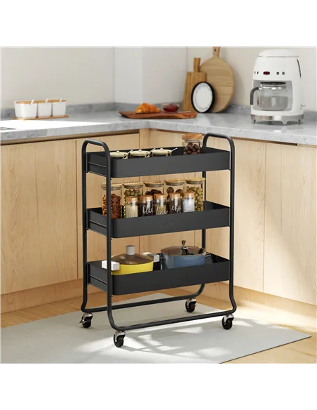 HOMCOM 3-Tier Storage Trolley on Wheels, Rolling Utility Cart with Mesh Backets for Kitchen, Bathroom, Bedroom, Black