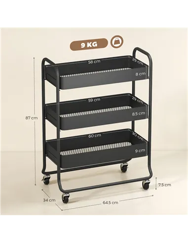 HOMCOM 3-Tier Storage Trolley on Wheels, Rolling Utility Cart with Mesh Backets for Kitchen, Bathroom, Bedroom, Black