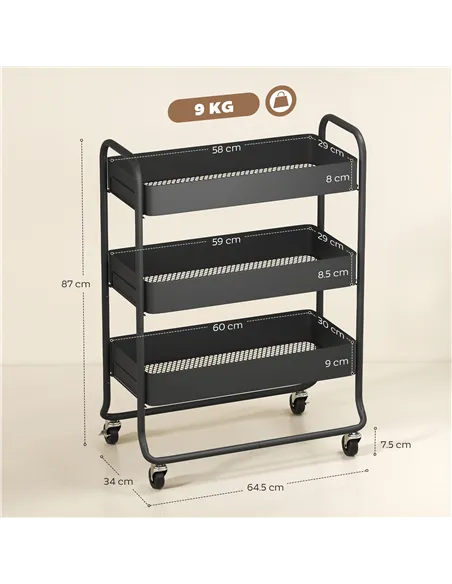 HOMCOM 3-Tier Storage Trolley on Wheels, Rolling Utility Cart with Mesh Backets for Kitchen, Bathroom, Bedroom, Black