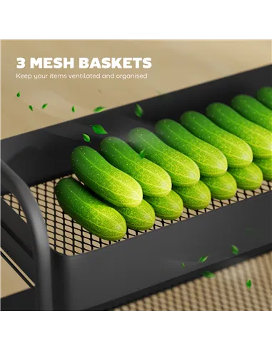 HOMCOM 3-Tier Storage Trolley on Wheels, Rolling Utility Cart with Mesh Backets for Kitchen, Bathroom, Bedroom, Black