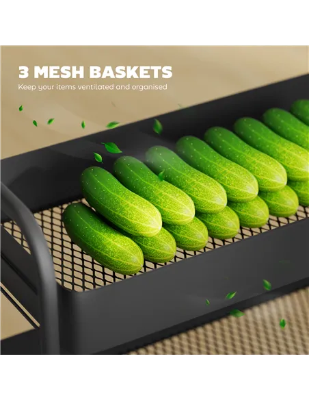 HOMCOM 3-Tier Storage Trolley on Wheels, Rolling Utility Cart with Mesh Backets for Kitchen, Bathroom, Bedroom, Black