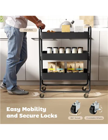 HOMCOM 3-Tier Storage Trolley on Wheels, Rolling Utility Cart with Mesh Backets for Kitchen, Bathroom, Bedroom, Black
