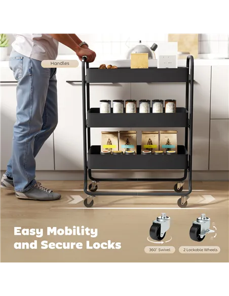 HOMCOM 3-Tier Storage Trolley on Wheels, Rolling Utility Cart with Mesh Backets for Kitchen, Bathroom, Bedroom, Black