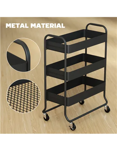 HOMCOM 3-Tier Storage Trolley on Wheels, Rolling Utility Cart with Mesh Backets for Kitchen, Bathroom, Bedroom, Black