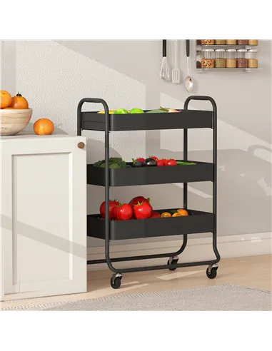 HOMCOM 3-Tier Storage Trolley on Wheels, Rolling Utility Cart with Mesh Backets for Kitchen, Bathroom, Bedroom, Black
