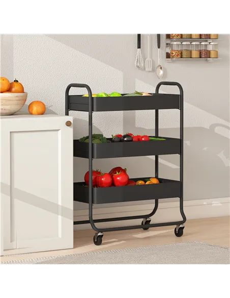 HOMCOM 3-Tier Storage Trolley on Wheels, Rolling Utility Cart with Mesh Backets for Kitchen, Bathroom, Bedroom, Black