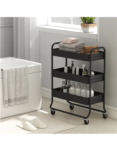 HOMCOM 3-Tier Storage Trolley on Wheels, Rolling Utility Cart with Mesh Backets for Kitchen, Bathroom, Bedroom, Black