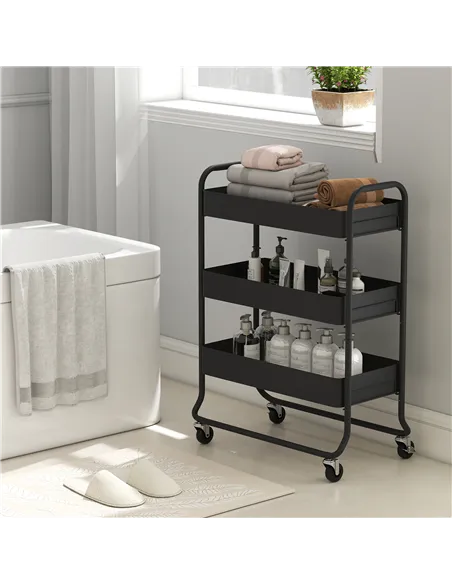HOMCOM 3-Tier Storage Trolley on Wheels, Rolling Utility Cart with Mesh Backets for Kitchen, Bathroom, Bedroom, Black