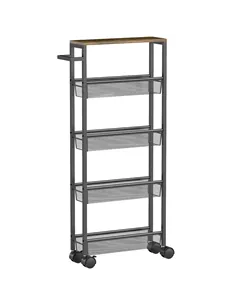 HOMCOM Slim Storage Trolley, 5-Tier Kitchen Cart on Wheels with Wood-effect Top, Handle for Living Room, Bathroom, Black