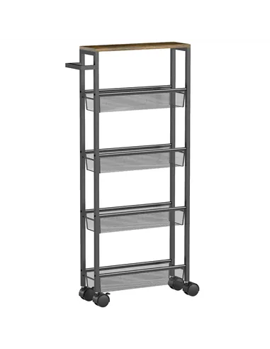 HOMCOM Slim Storage Trolley, 5-Tier Kitchen Cart on Wheels with Wood-effect Top, Handle for Living Room, Bathroom, Black