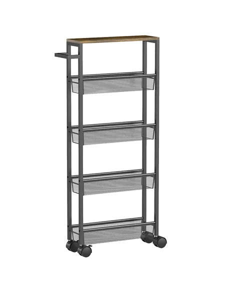HOMCOM Slim Storage Trolley, 5-Tier Kitchen Cart on Wheels with Wood-effect Top, Handle for Living Room, Bathroom, Black