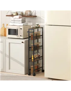 HOMCOM Slim Storage Trolley, 5-Tier Kitchen Cart on Wheels with Wood-effect Top, Handle for Living Room, Bathroom, Black 2