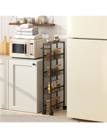 HOMCOM Slim Storage Trolley, 5-Tier Kitchen Cart on Wheels with Wood-effect Top, Handle for Living Room, Bathroom, Black