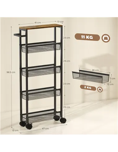 HOMCOM Slim Storage Trolley, 5-Tier Kitchen Cart on Wheels with Wood-effect Top, Handle for Living Room, Bathroom, Black