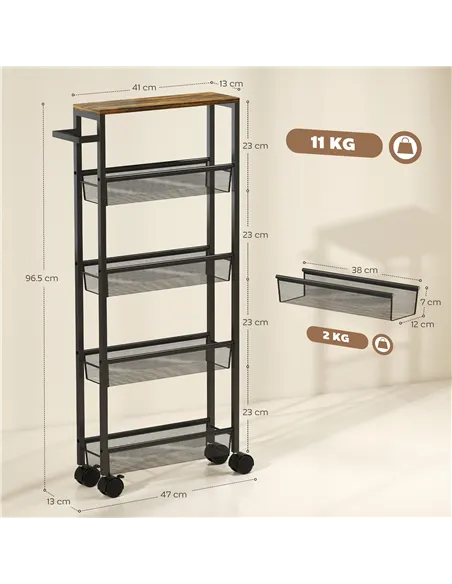 HOMCOM Slim Storage Trolley, 5-Tier Kitchen Cart on Wheels with Wood-effect Top, Handle for Living Room, Bathroom, Black