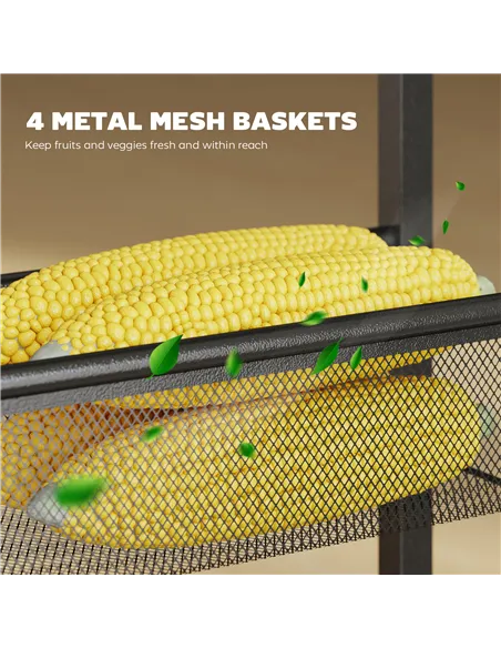 HOMCOM Slim Storage Trolley, 5-Tier Kitchen Cart on Wheels with Wood-effect Top, Handle for Living Room, Bathroom, Black