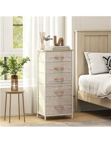 HOMCOM Chest of Five Fabric Drawers - Natural Wood Finish