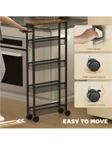 HOMCOM Slim Storage Trolley, 5-Tier Kitchen Cart on Wheels with Wood-effect Top, Handle for Living Room, Bathroom, Black