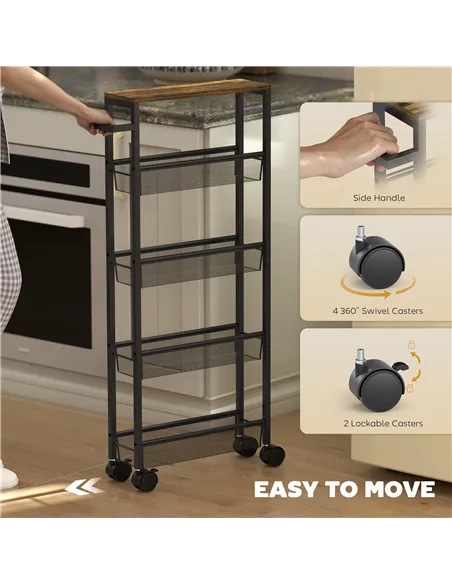 HOMCOM Slim Storage Trolley, 5-Tier Kitchen Cart on Wheels with Wood-effect Top, Handle for Living Room, Bathroom, Black