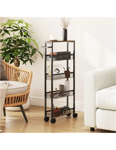 HOMCOM Slim Storage Trolley, 5-Tier Kitchen Cart on Wheels with Wood-effect Top, Handle for Living Room, Bathroom, Black