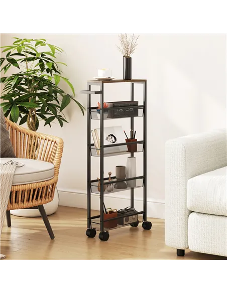 HOMCOM Slim Storage Trolley, 5-Tier Kitchen Cart on Wheels with Wood-effect Top, Handle for Living Room, Bathroom, Black