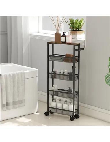 HOMCOM Slim Storage Trolley, 5-Tier Kitchen Cart on Wheels with Wood-effect Top, Handle for Living Room, Bathroom, Black