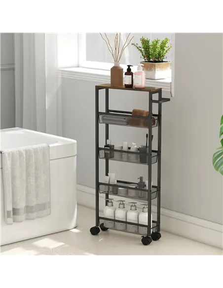 HOMCOM Slim Storage Trolley, 5-Tier Kitchen Cart on Wheels with Wood-effect Top, Handle for Living Room, Bathroom, Black