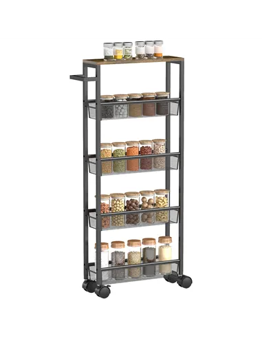 HOMCOM Slim Storage Trolley, 5-Tier Kitchen Cart on Wheels with Wood-effect Top, Handle for Living Room, Bathroom, Black