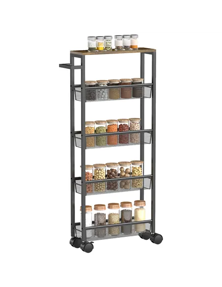 HOMCOM Slim Storage Trolley, 5-Tier Kitchen Cart on Wheels with Wood-effect Top, Handle for Living Room, Bathroom, Black