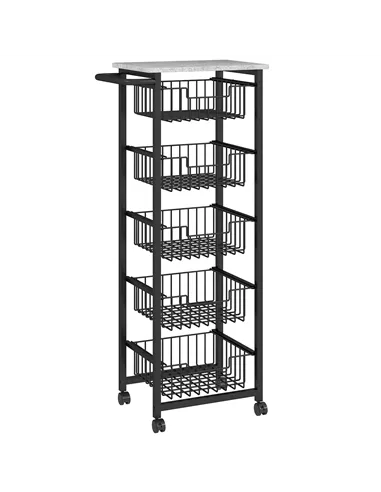 HOMCOM Five Basket Mobile Kitchen Island, with Brakes - Grey/Black