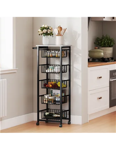 HOMCOM Five Basket Mobile Kitchen Island, with Brakes - Grey/Black