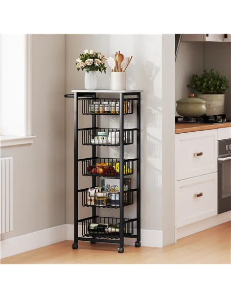 HOMCOM Five Basket Mobile Kitchen Island, with Brakes - Grey/Black