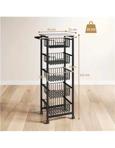 HOMCOM Five Basket Mobile Kitchen Island, with Brakes - Grey/Black