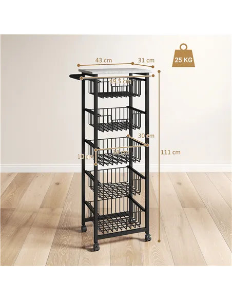 HOMCOM Five Basket Mobile Kitchen Island, with Brakes - Grey/Black