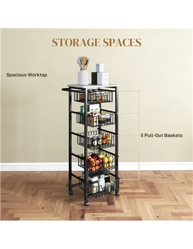 HOMCOM Five Basket Mobile Kitchen Island, with Brakes - Grey/Black