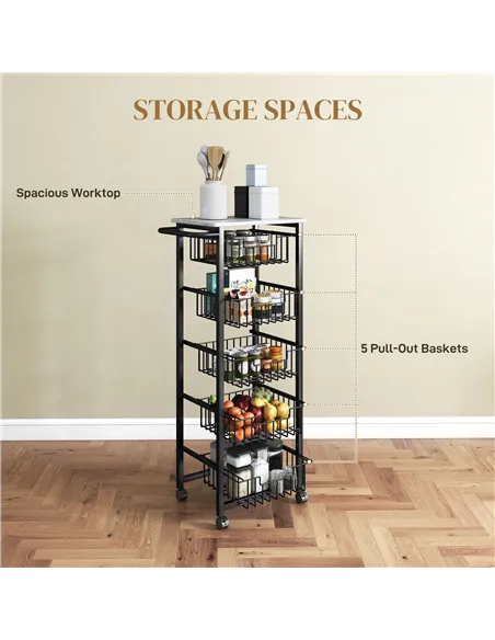 HOMCOM Five Basket Mobile Kitchen Island, with Brakes - Grey/Black