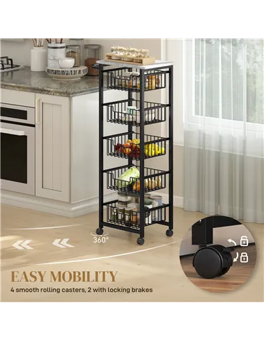HOMCOM Five Basket Mobile Kitchen Island, with Brakes - Grey/Black
