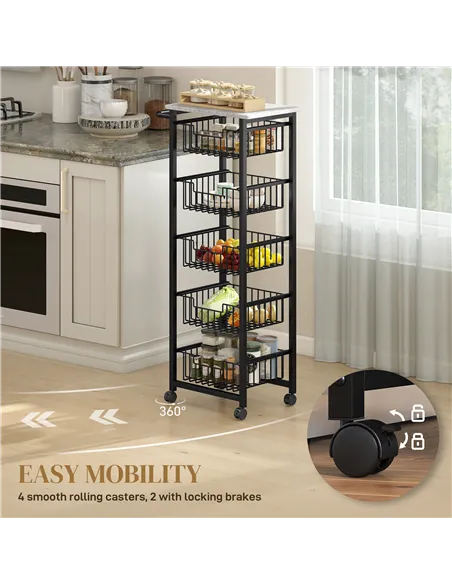 HOMCOM Five Basket Mobile Kitchen Island, with Brakes - Grey/Black