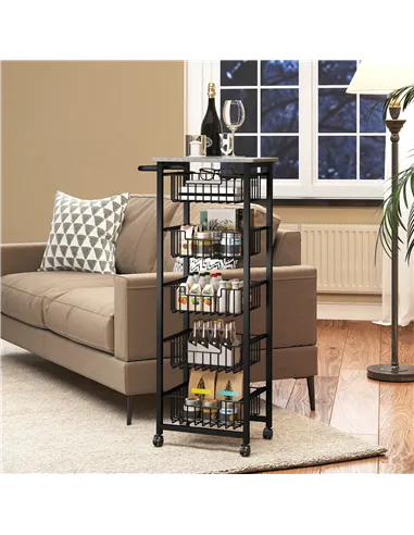 HOMCOM Five Basket Mobile Kitchen Island, with Brakes - Grey/Black
