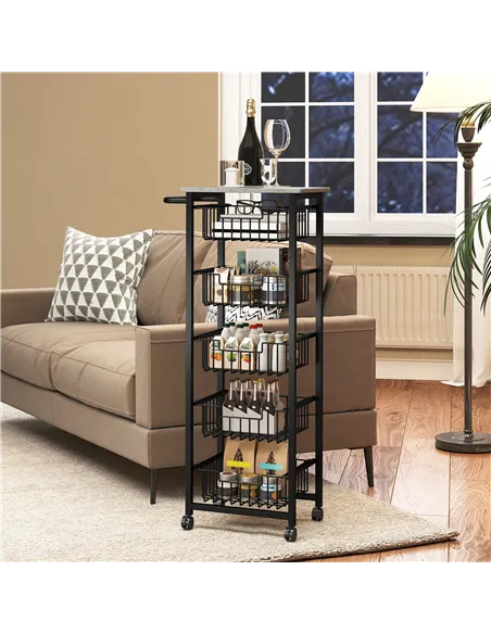 HOMCOM Five Basket Mobile Kitchen Island, with Brakes - Grey/Black